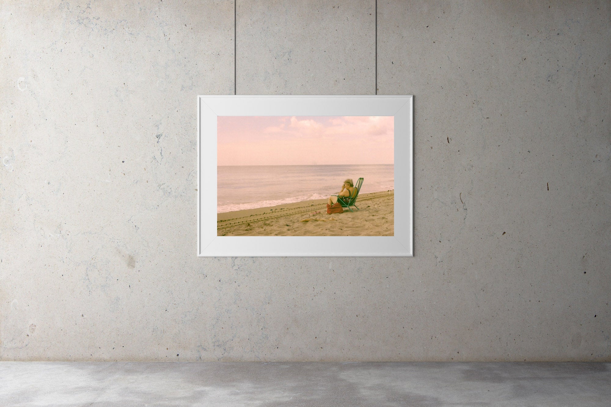 Miami Beach in the morning, an old lady sits on ther beach taking a photo of the ocean, sand & blue calm water, Artwork Prints, wallart, Melbourne travel, Photographic prints, Framed artwork, Australian Photography, wall art, Film photography, Vintage photo, style Interior design, Pictures Abstract film photography, photography art