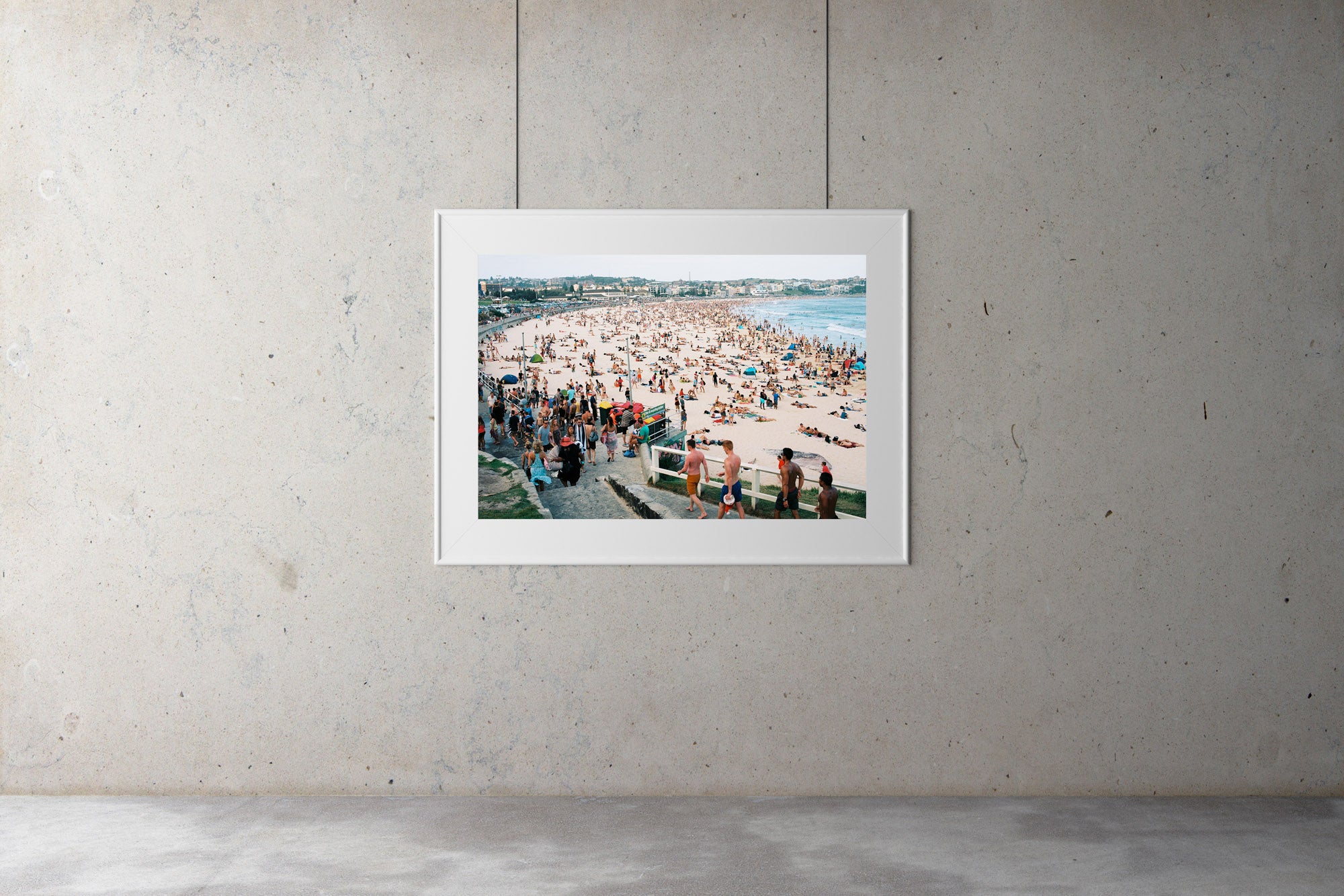 “A photo of New Years day at Bondi Beach, Thousands of people on the beach & in the water. People cue to have a shower in a long line. People are wearing bathers, it’s a hot day in Sydney Australia”.  Artwork Prints, wall art,  travel Australia, Photographic prints,  Framed artwor,k Beach, Photography Photography for sale Film photography Vintage photo style,  Interior design, Film photography, film photography, Bondi beach Sydney, Street photography prints,