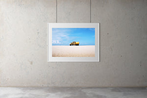 A yellow truck on a beach in California, the sky is blue & the sand is yellow, Artwork, Prints wall art California Photographic prints Ocean Palm Springs Framed artwork, Photography,  Film photography, Vintage photo style,  Interior design, beach, Buy Art, photography art, prints, buy art, Prints for sale, art prints, color photography, surfing, surfboard,  Malibu,  surfing, sun, beach, childrens bedroom artwork, kids rooms prints