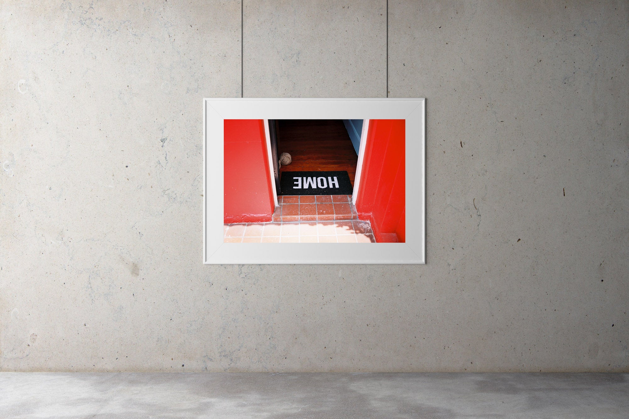 A photograph of a bright red house with a black doormat that says HOME. Artwork Prints, wall art, Melbourne travel, Australia Photographic prints, Framed artwork, Australian Photography, Film photography, Vintage photo, style Interior design, Pictures, Abstract, film photography, photography for sale, music festival, architecture, gold coast, architecture, urban photography, Bondi, 