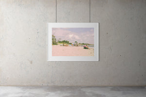 Miami Beach in the morning, people sit on ther beach under umbrella's, sand & blue calm water, Artwork Prints, wallart, Melbourne travel, Photographic prints, Framed artwork, Australian Photography, wall art, Film photography, Vintage photo, style Interior design, Pictures Abstract film photography, photography art