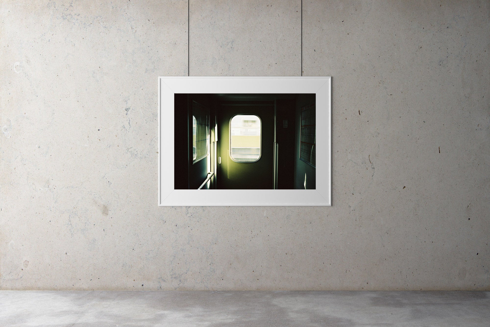 A photograph of the inside doorway in a fast train to Osaka Japan. The doorway is green. Artwork Prints, wall ar,t Japan, Osaka, Photographic prints,, Framed artwork,  Posters  Photography Photography for sale, Film photography, Vintage photo style,  Interior design, Film photography, Pictures framed, artwork, travel photography, 35mm film 